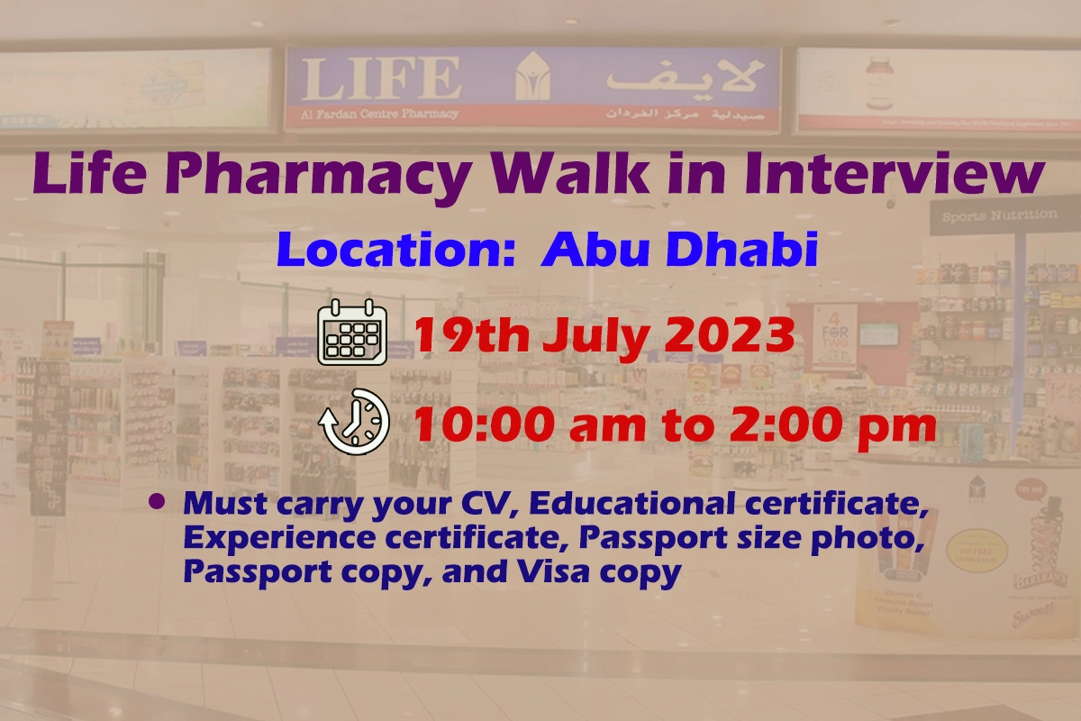 Life Pharmacy Walk in Interview Abu Dhabi